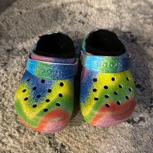 Multi colored fur lined crocs